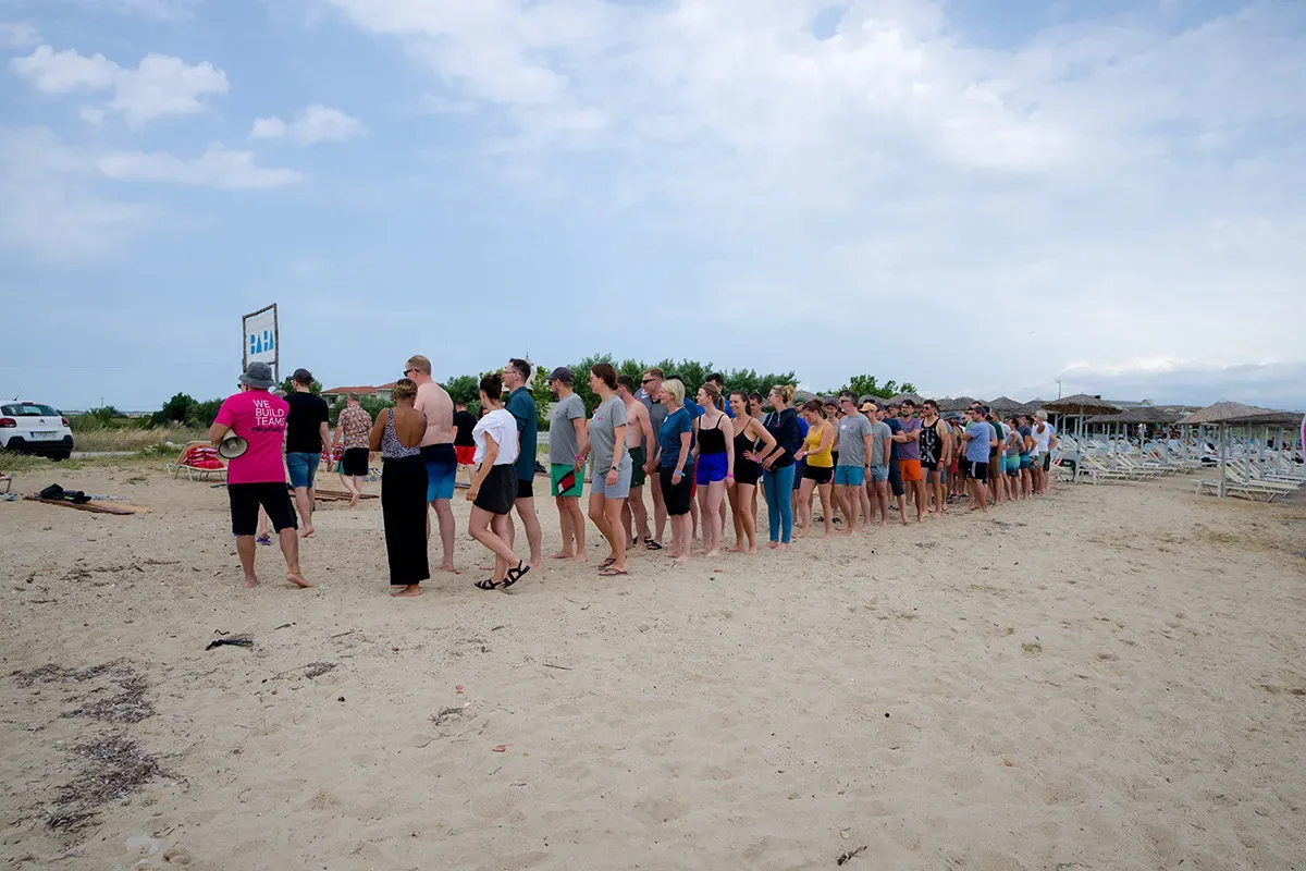 Raft-building challenge on the beach
