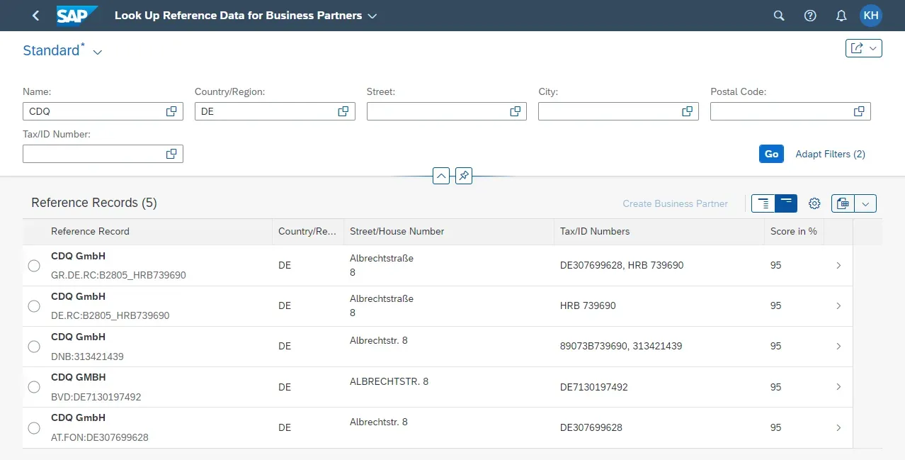 Search result for “CDQ” in Germany (DE) with 5 found reference records