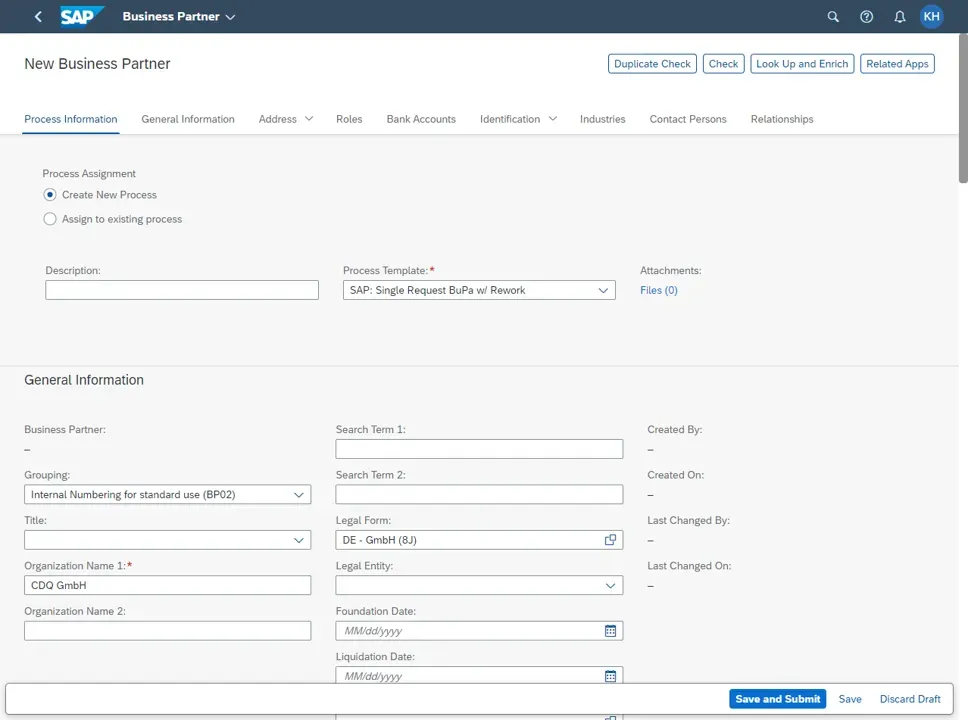 Population in a standard business partner creation form