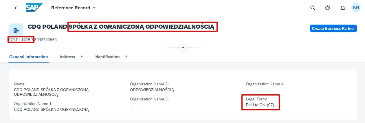Golden Record for CDQ in Poland with legal form SP Z O O categorized under SAP code 07