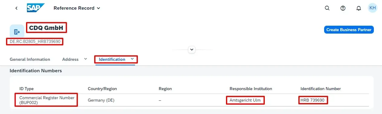 Business identifiers mapped to SAP ODM, including BUP002 for the German Register of Commerce