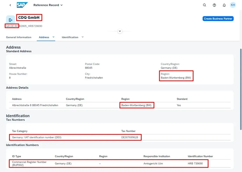 Golden Record showing European VAT number and region code BW mapped to SAP standards