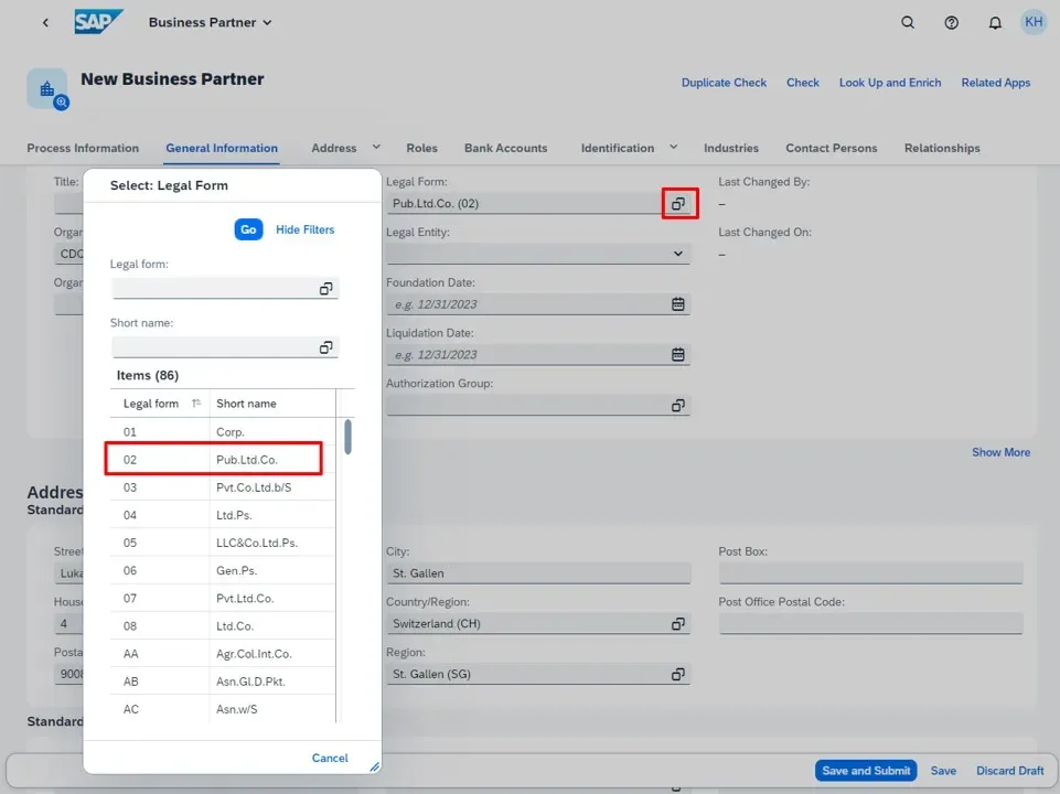 Legal form value help dialog in the Create Business Partner process