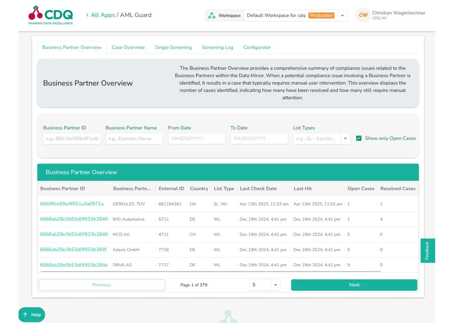 Business Partner Overview in CDQ AML Guard