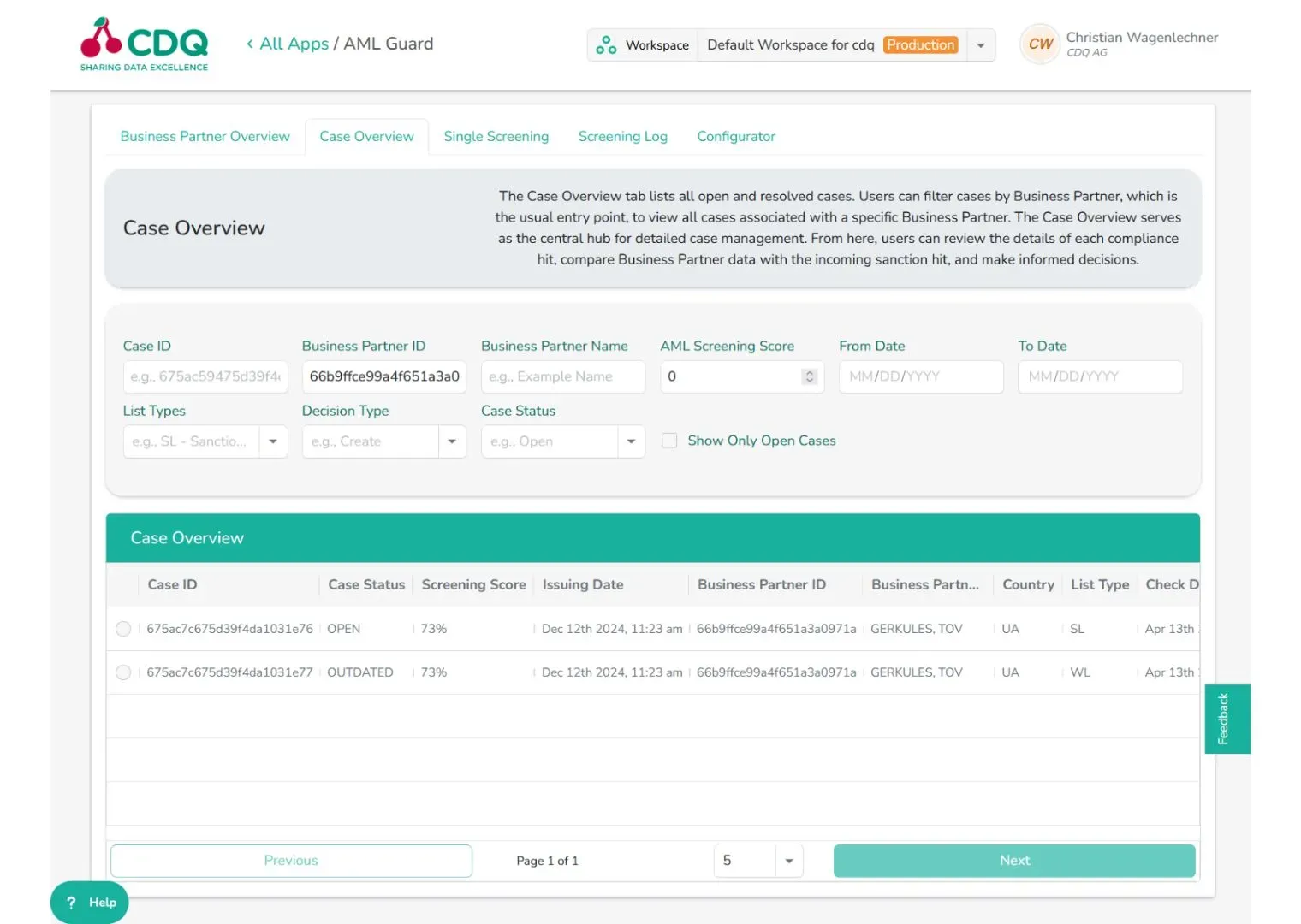 Case Overview in CDQ AML Guard
